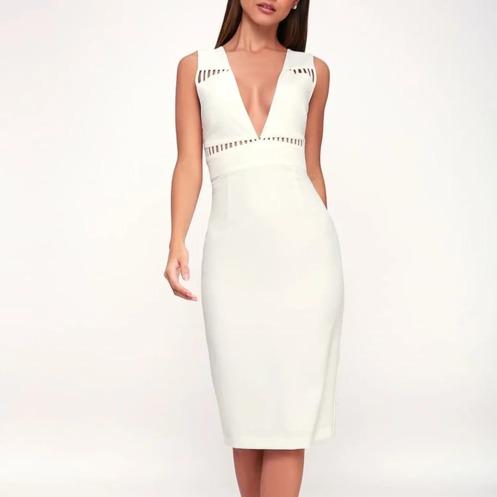 White Sleeveless V-Neck Cut Out Midi Dress - Picture 1 of 5